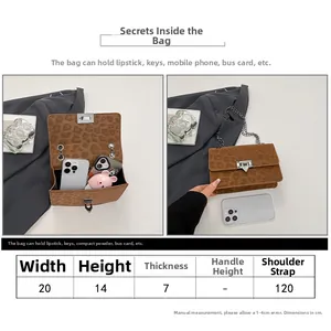Size chart for leopard print crossbody bag with chain strap and metallic buckle closure