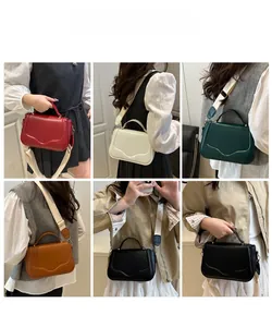 Multiple colors of women's crossbody bags with stylish wide fabric straps shown on models