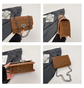 Detailed four-angle view of leopard print shoulder bag with metallic chain and twist lock