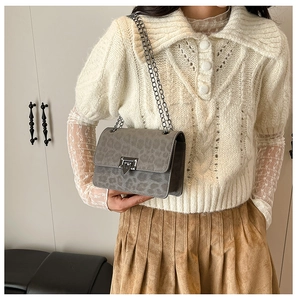 Detailed view of grey leopard print crossbody bag with silver buckle and metal chain
