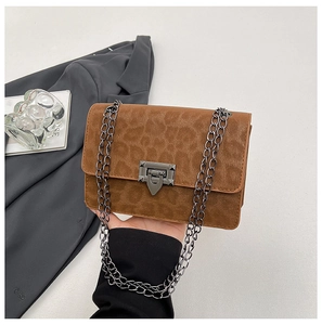 Detail of brown leopard print crossbody bag with silver buckle and chain strap