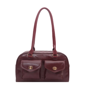 Deep red patent leather square handbag with dual pockets and gold twist locks