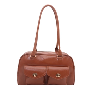 Braune Retro-Tasche aus Kunstleder mit zwei Fronttaschen und goldenen Drehverschlüssen