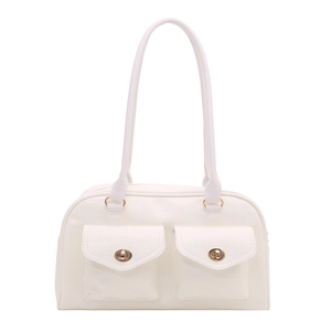 Minimalist cream white shoulder bag with twin gold lock pockets in retro style