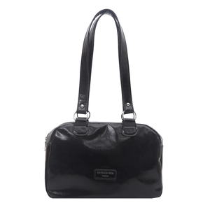 Minimalist black glossy faux leather tote bag with long handles and metallic logo plate