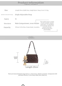 Tabella taglie dettagliata per borsa retrò in PU con dimensioni 29x9x20cm e capacità