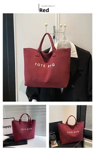 Detailed views of a large red suede tote bag showing texture and stylish shoulder straps
