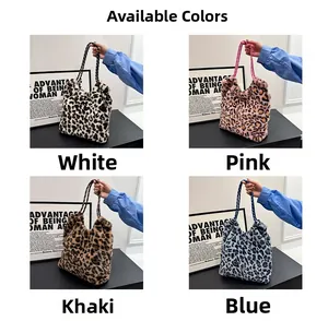 Detailed grid view of plush leopard tote bags in white, pink, khaki, and blue colors