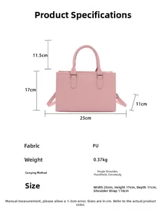Dettagli della borsa a mano in pelle PU rosa con dimensioni e specifiche tecniche