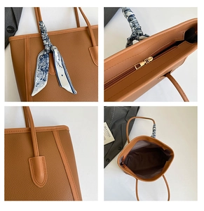 Détails du sac cabas marron grainé avec fermeture éclair dorée et foulard en soie