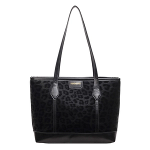 Black leopard print tote bag with glossy leather straps and fashion gold logo lettering