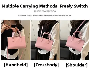 Pale pink tote bag shown in three ways: hand-carried, crossbody, and over-the-shoulder styles
