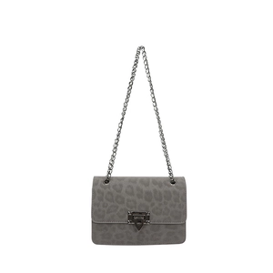 Gray leopard print crossbody bag with silver chain strap and metal buckle in suede texture