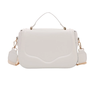Modern off-white handbag with wave-cut flap design and wide woven crossbody shoulder strap