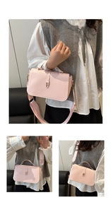 Elegante borsa a tracolla in pelle rosa indossata da una modella in vari modi di stile