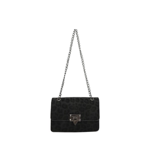 Minimalist black leopard print shoulder bag with silver chain strap and metal lock