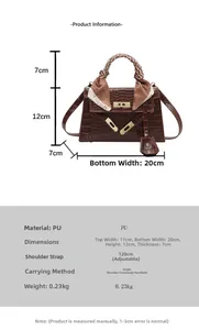 Detailed size chart for brown crocodile pattern crossbody bag with silk scarf handle