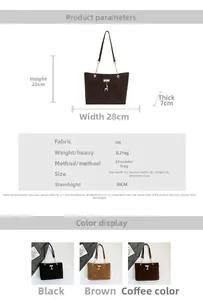 Size chart showing PU leather shoulder bag dimensions 33x23x7cm with handle details
