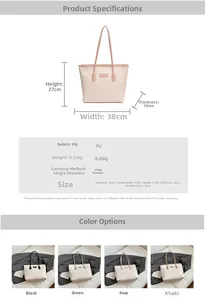 Detailed chart showing PU leather tote bag dimensions and multi-color options available