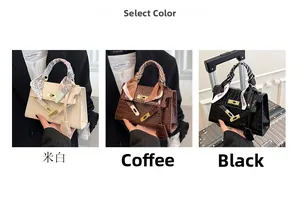 Trapezoidal handbags with crocodile pattern and silk scarf handle in three colors