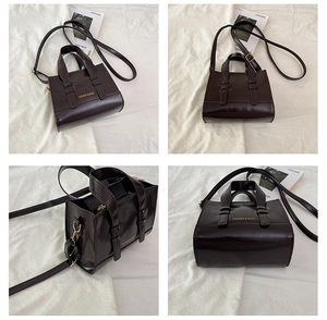 Multi-angle view of deep brown glossy PU leather handbag with gold fashion lettering