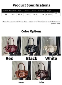Detailed dimension chart for pleated PU leather handbag showing sizes and five color options