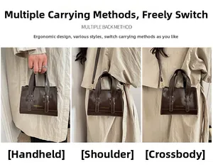Three-way carry demonstration of a dark brown mini leather tote with gold fashion text