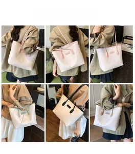 Multiple views of patterned tote bags in various colors on a model for daily use