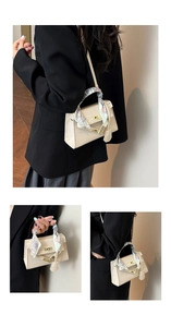 Three views showing an off-white stone pattern handbag with a decorative silk scarf