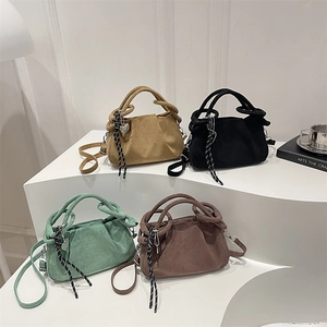Women Pleated Suede Shoulder Bag Retro Ruched Handbag With Heart Pendant Crossbody Satchel Cloud Dumpling Bag