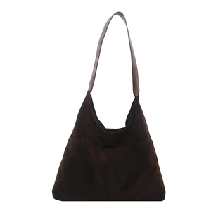 Retro dark brown matte suede hobo tote bag with spacious interior and leather straps