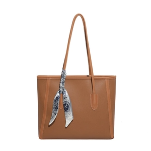 Brown faux leather tote bag with vintage printed silk scarf and fine pebble texture