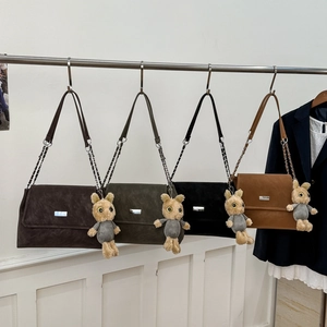 Retro Women Shoulder Bag Frosted PU Leather Crossbody Handbag With Plush Bunny Pendant Vintage Minimalist Flap Purse