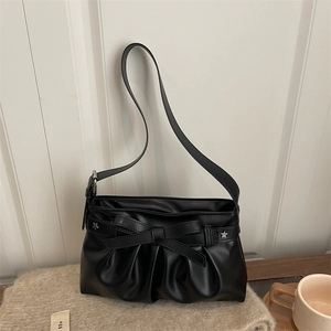 French cream style black shoulder bag with bow knot and star rivet decorations