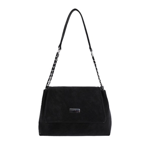 Retro black matte crossbody bag with silver chain strap and metal buckle on white background