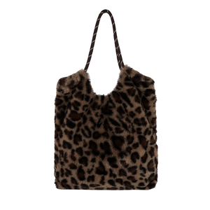 Plush leopard print bucket bag with trendy braided rope handle for women's autumn style