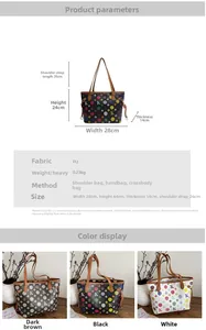 Tableau des tailles et choix de couleurs pour grand sac cabas rétro avec imprimé