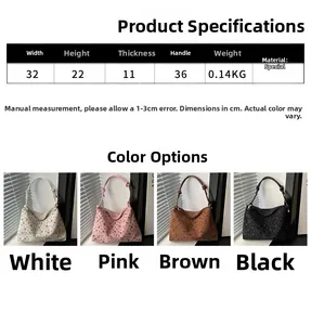 Detailed size chart and four color options for the polka dot bow tote bag
