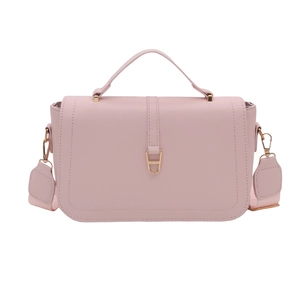 Pink crossbody square bag with gold horseshoe buckle and wide shoulder strap