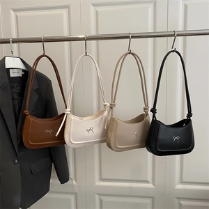Women Shoulder Bag PU Leather Bow Metal Buckle Knotted Strap French Simple Underarm Hobo Bag Solid Color Retro Chic