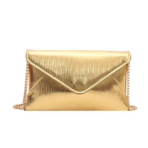 Minimalist gold envelope clutch with textured wavy surface and fine chain strap