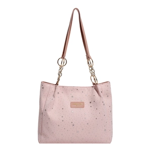 Pink tote bag with silver star patterns and golden chain strap on white background