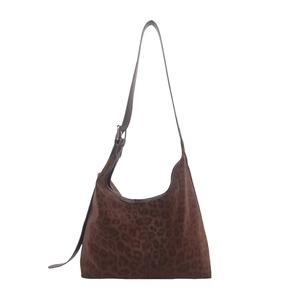 Large leopard print hobo bag in dark brown faux suede with adjustable shoulder strap