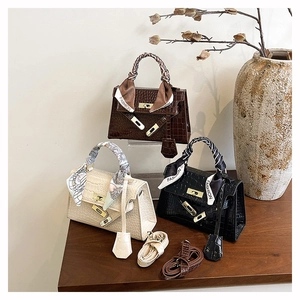Vintage Maillard style crocodile pattern Kelly bag with decorative silk ribbon and shoulder strap