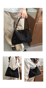 Detailed views of a black polka dot tote bag with fine bow patterns and gold hardware
