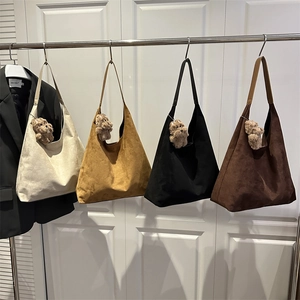 Minimalist Suede Texture Large Capacity Shoulder Bag Retro Hobo Tote With Magnetic Buckle And Decorative Charm