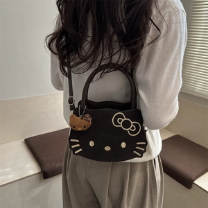 Cute cartoon cat shaped dark brown tote bag with embroidery details and shoulder strap