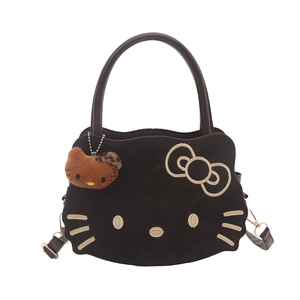 Cute cartoon cat handbag with bow embroidery and plush charm in dark brown velvet