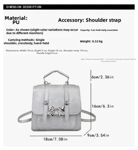 Detailed size chart of silver bow handbag with dimensions 18x9x16cm and PU leather texture