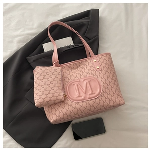 Pink PU leather tote set with embossed M patterns and matching small zipper pouch